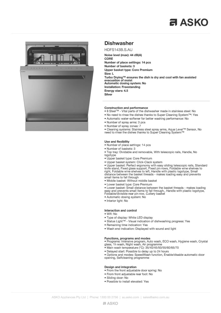 ASKO HDFS143BSAU 60cm Core Freestanding Dishwasher Stainless Steel - ASKO Factory Seconds - Standard Dishwasher