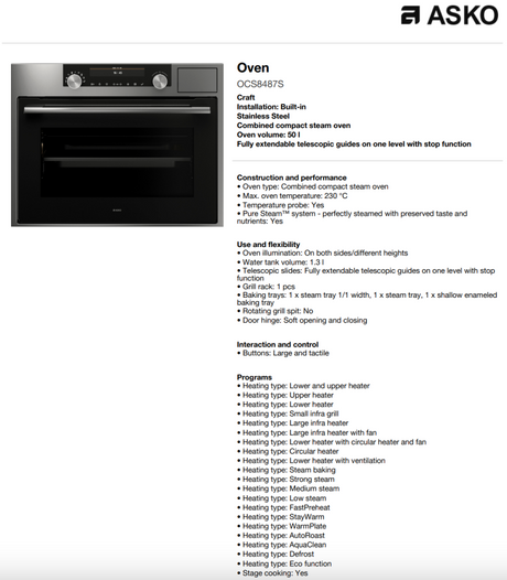 ASKO OCS8487S 45cm Compact Craft Combination Oven with Full Steam Stainless Steel - ASKO Factory Seconds - Compact