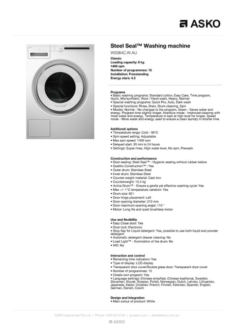 ASKO W2084C 8kg Front Load Washing Machine White - ASKO Factory Seconds - Front Load Washers