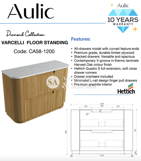Aulic 1200mm Varcelli Floorstanding Vanity Cabinet Only CA58-1200 Vanity Units
