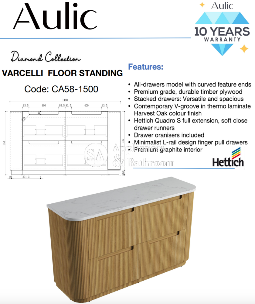 Aulic 1500mm Varcelli Floorstanding Vanity Cabinet Only Snow Top CA58-1500-ST Vanity Units