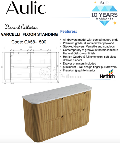 Aulic 1500mm Varcelli Floorstanding Vanity Cabinet Only Snow Top CA58-1500-ST Vanity Units