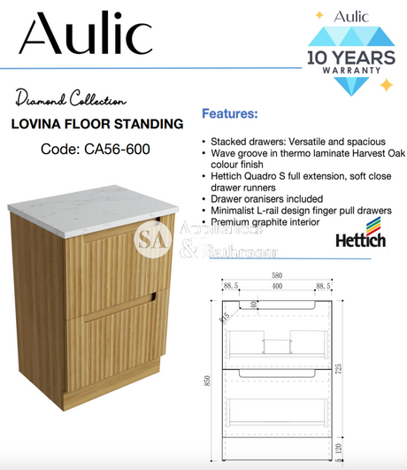 Aulic 600mm Lovina Floorstanding Vanity with Solid Surface Top Palis Top CA56-600-CT28 Vanity Units