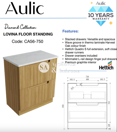 Aulic 750mm Lovina Floorstanding Vanity with Solid Surface Top Snow Top CA56-750-CT28 Vanity Units