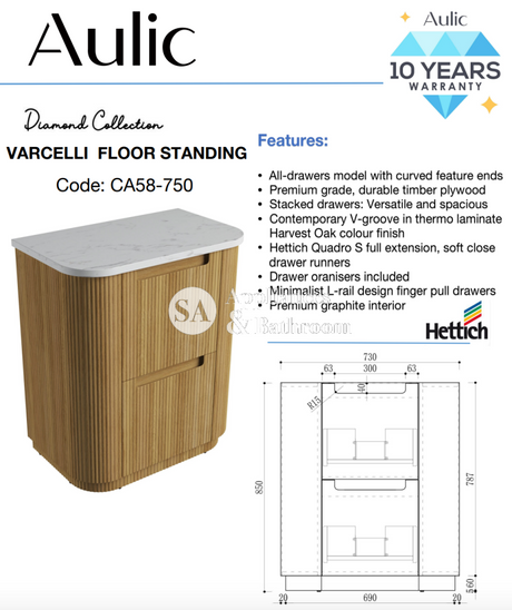Aulic 750mm Varcelli Floorstanding Vanity with Solid Surface Top Cabinet Only CA58-750 Vanity Units