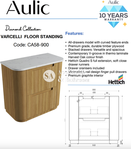 Aulic 900mm Varcelli Floorstanding Vanity Cabinet Only Snow Top CA58-900 Vanity Units
