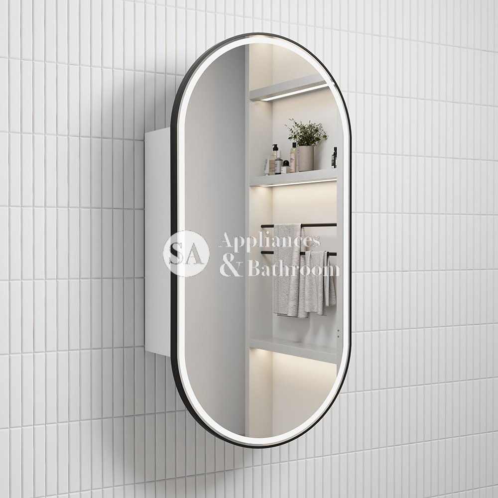 Aulic Beau Monde Oblong LED Matte White Shaving Cabinet With Matte Black Frame 400 x 900mm LSCBM-450-MW-MB Matte Black