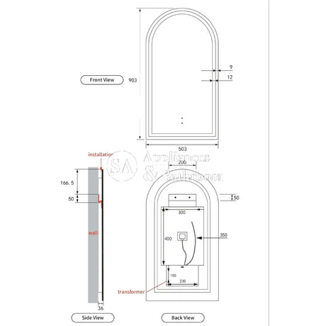 Aulic Canterbury Arch LED Mirror Brushed Nickel 500 x 900mm LMCAN-500-BN Brushed Nickel Mirrors