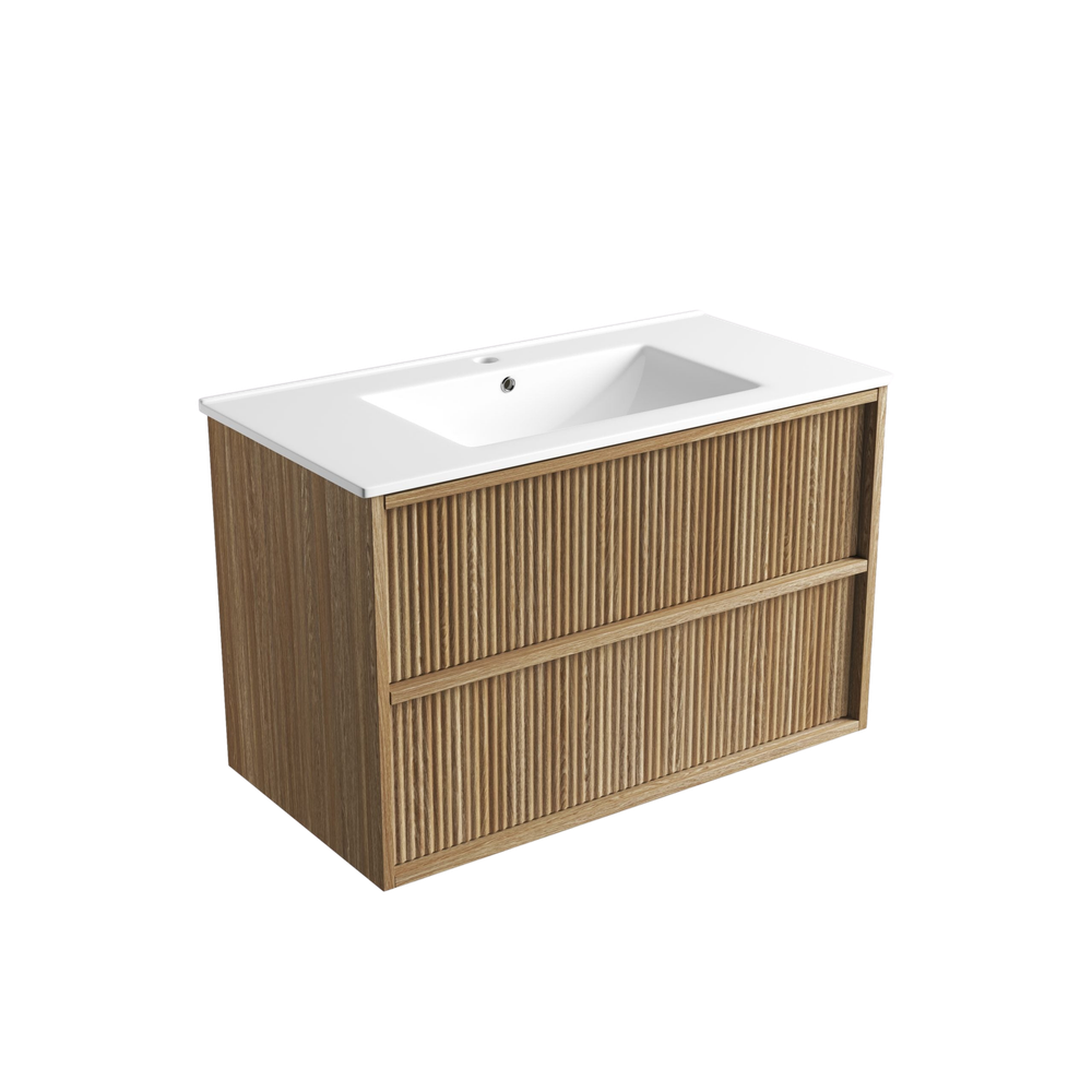 Aulic Venetta Fluted Framed Wall Hung 900mm Vanity Harvest Oak