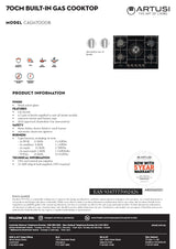 Artusi CAGH7000B 70cm 5 Burner Gas Cooktop, Black Glass