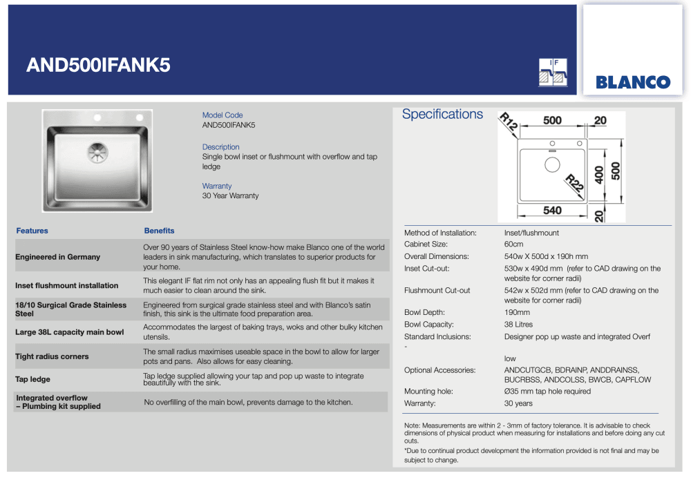 Blanco Andano500Ifa 500 Series Single Bowl Kitchen Sink Top Mounted Sinks