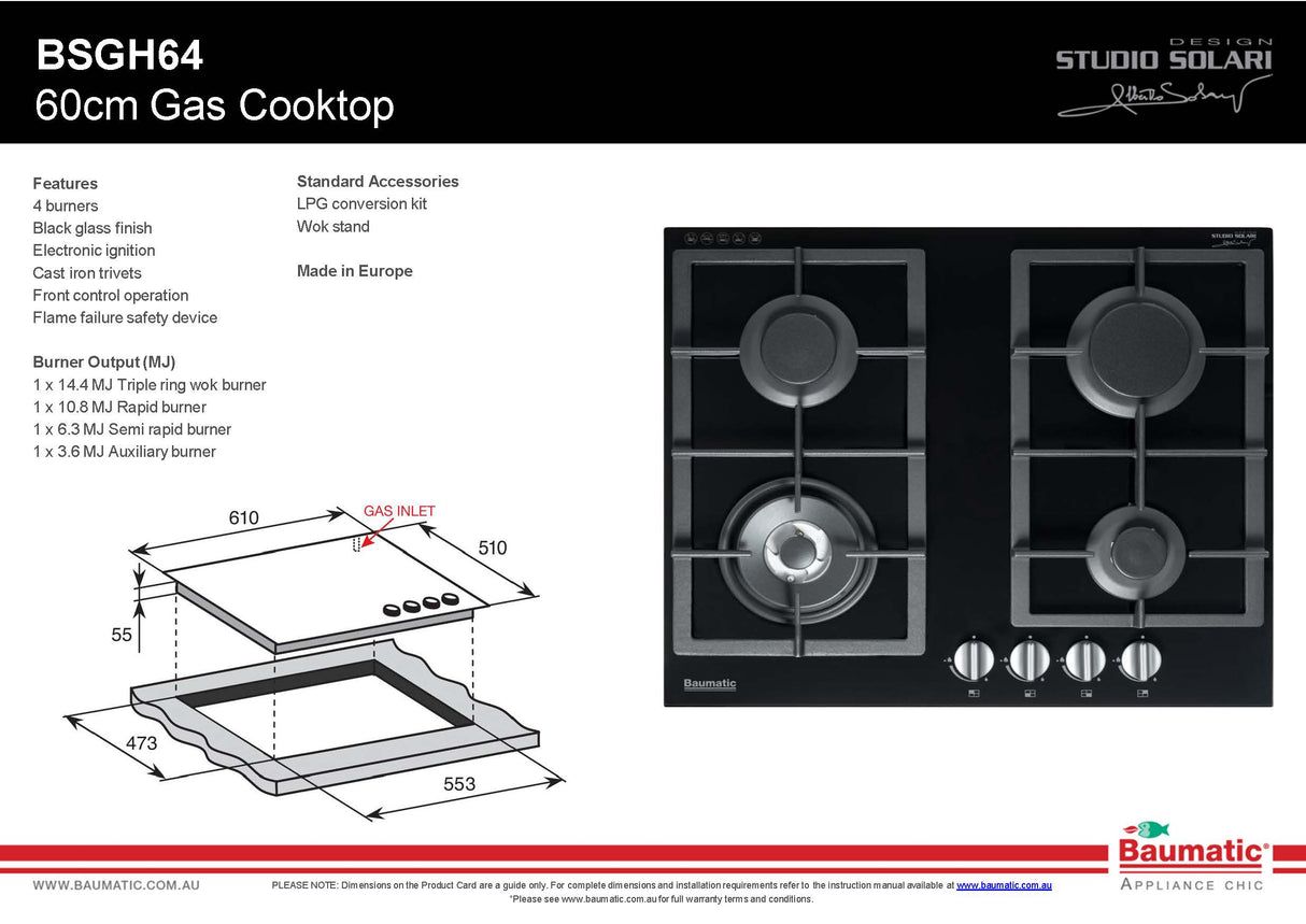 Baumatic BSGH64 Studio Solari 60cm Italian Made Gas on Glass Cooktop