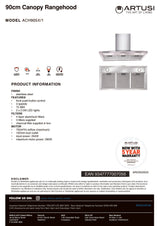 Artusi ACH905X/1 90cm Canopy Rangehood, Stainless Steel