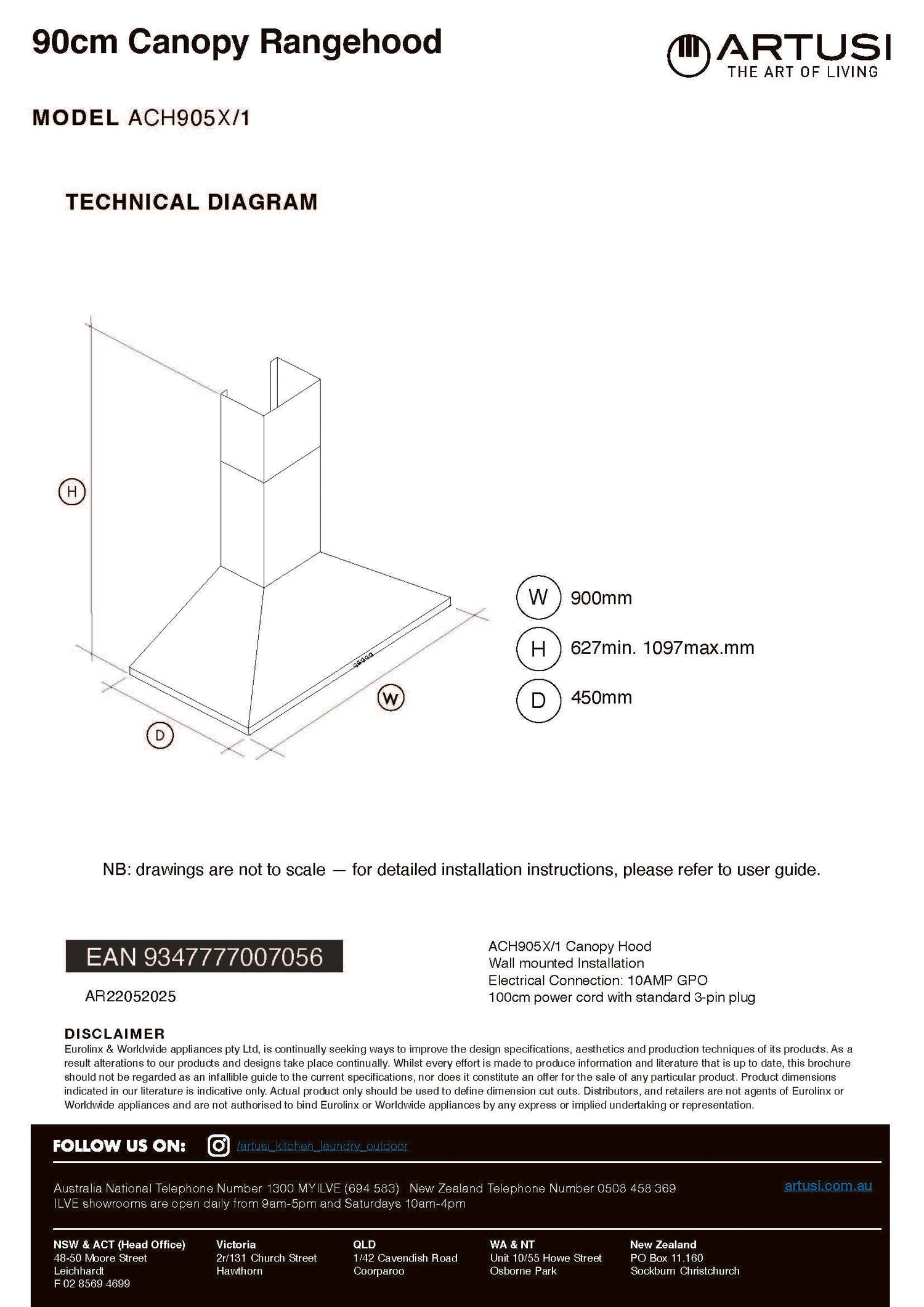 Artusi ACH905X/1 90cm Canopy Rangehood, Stainless Steel