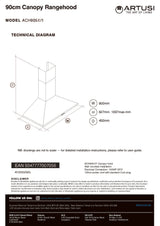Artusi ACH905X/1 90cm Canopy Rangehood, Stainless Steel