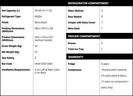 Chiq Crbm229Nb 231L Bottom Mount Retro Fridge - Black Fridges