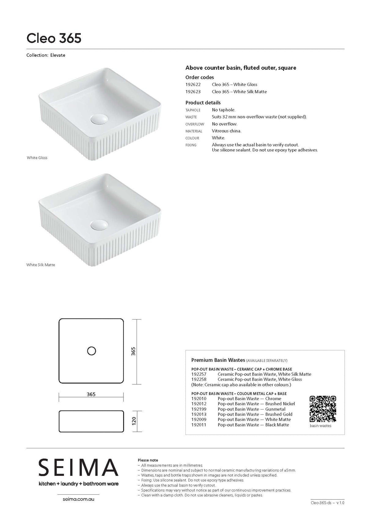 Seima 192622 Cleo 365 Fluted Square Above Counter Basin, 365x365mm, Gloss White