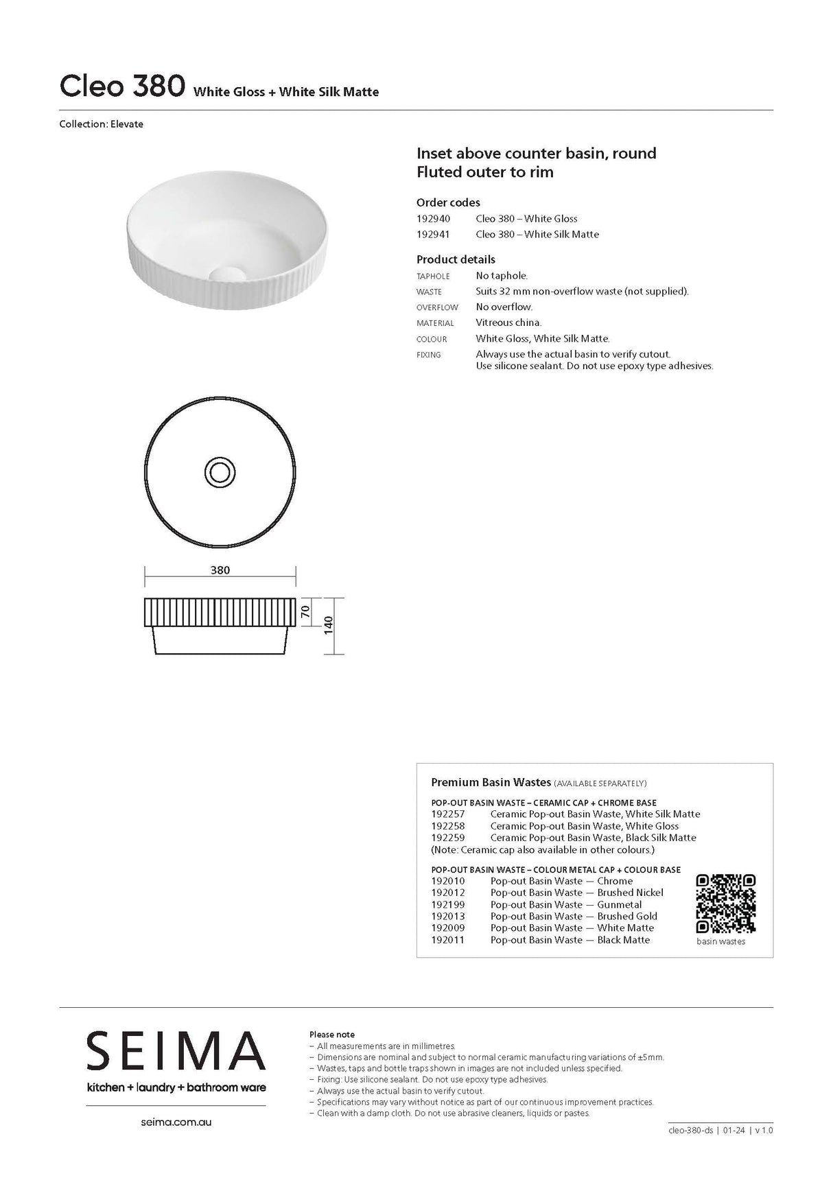 Seima 192940 Cleo 380 Fluted Round Semi-Inset Basin, 380x380mm, Gloss White
