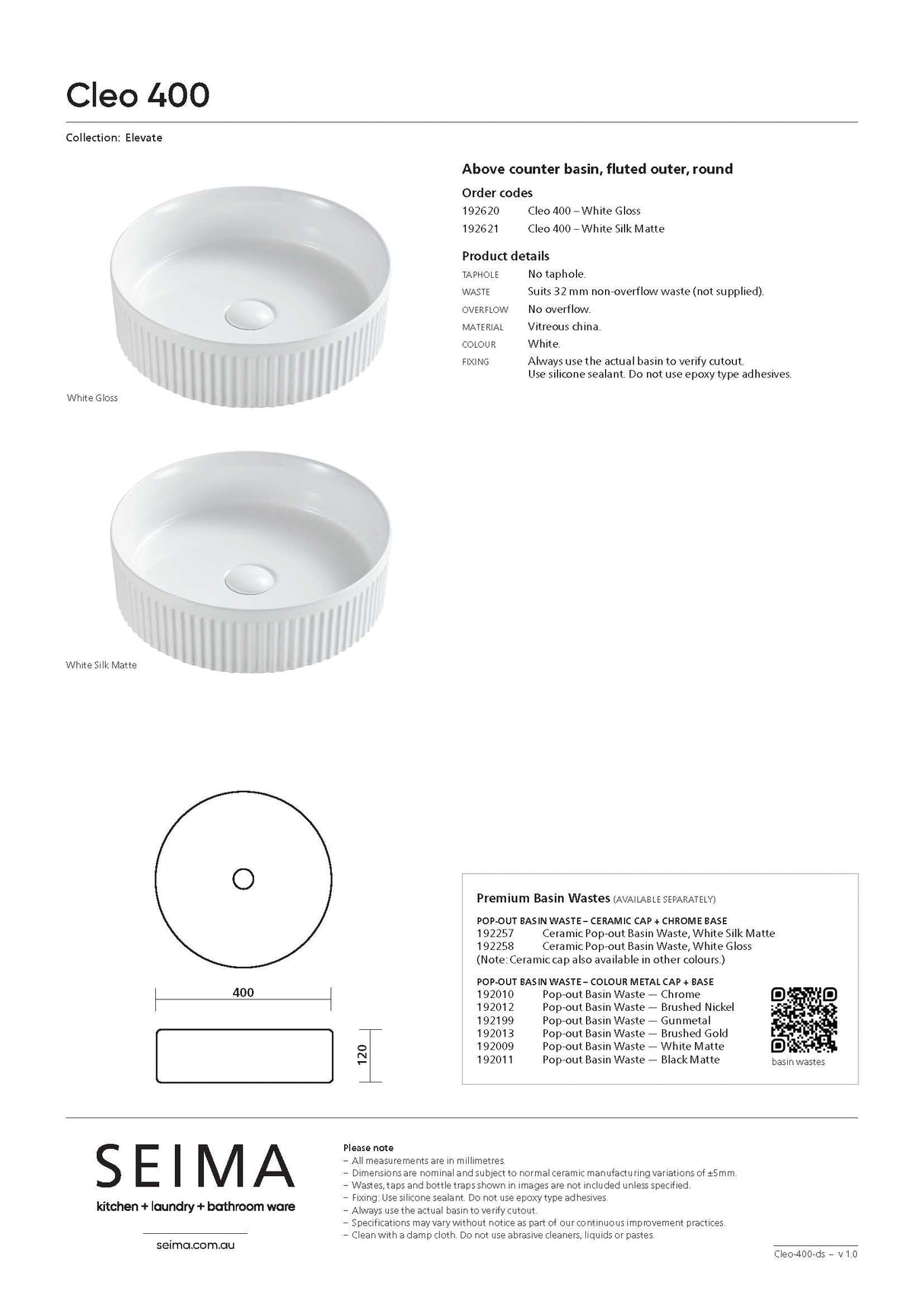 Seima 192620 Cleo 400 Fluted Round Above Counter Basin, 400x400mm, Gloss White