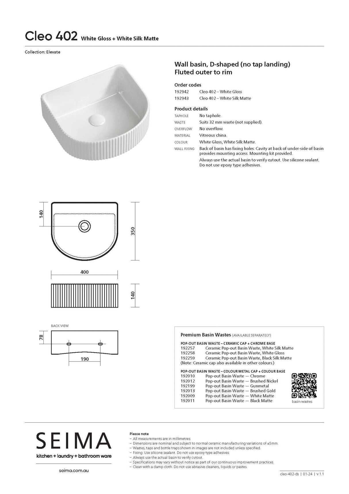 Seima 192943 Cleo 402 Fluted D-Shape Wall Hung Basin, 400x350mm, Matte White