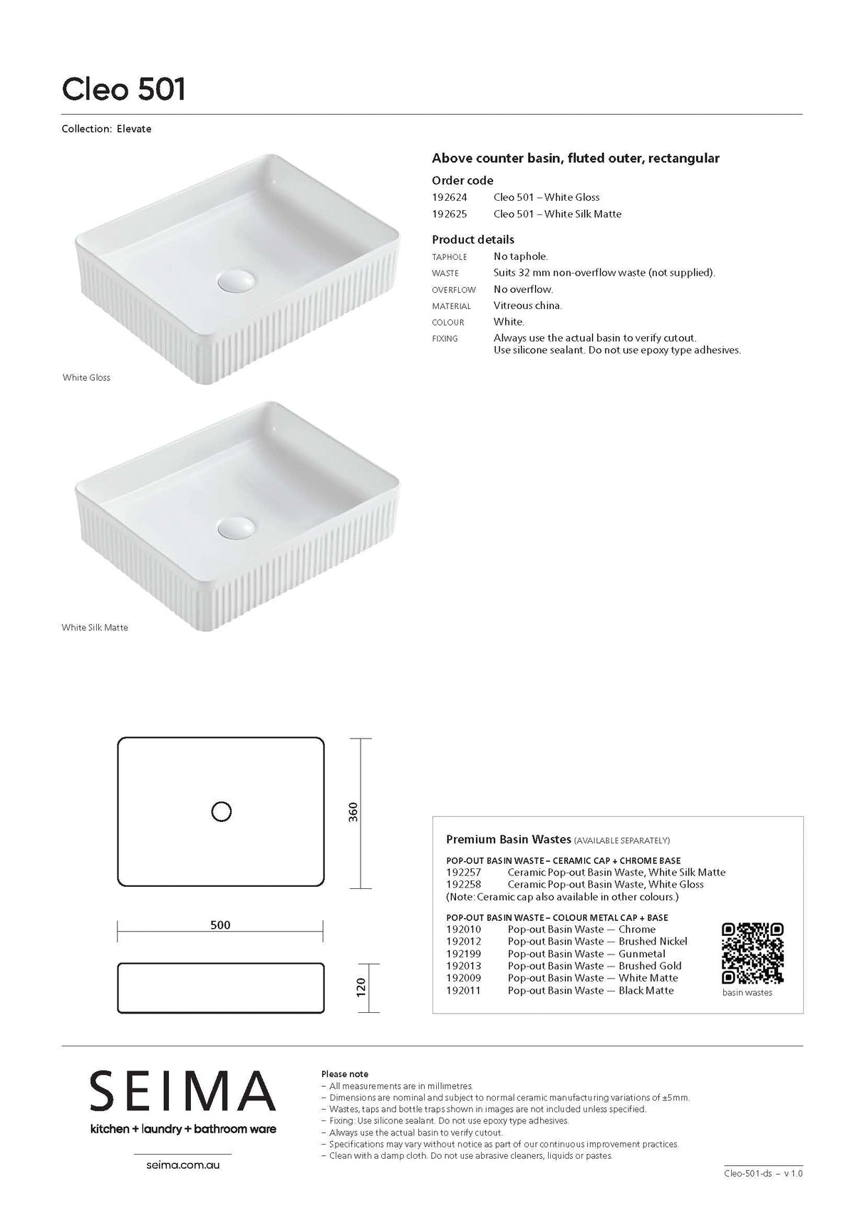 Seima 192625 Cleo 501 Fluted Rectangle Above Counter Basin, 500x360mm, Matte White