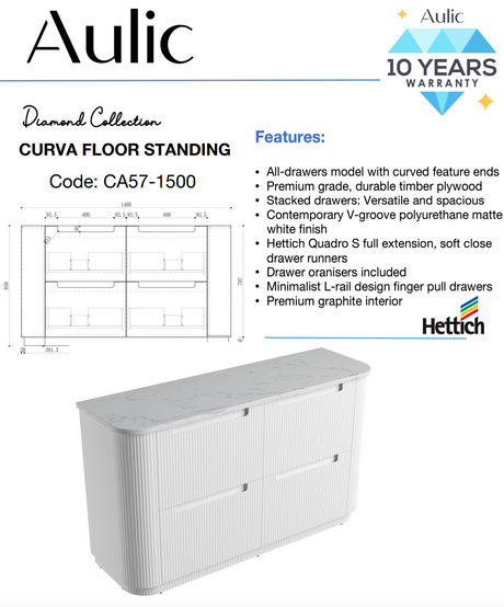 Aulic 1500mm Curva Floorstanding Vanity with Solid Surface Top Cato Top CA57-1500-ST26FT Vanity Units