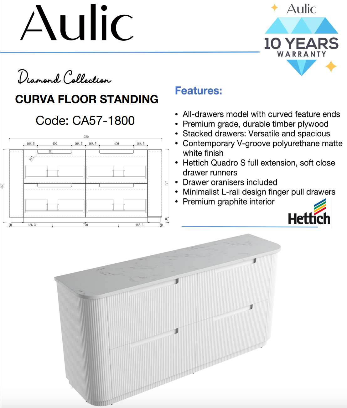 Aulic 1800mm Curva Floorstanding Vanity with Solid Surface Top Palis Top CA57-1800D-ST66FT Vanity Units