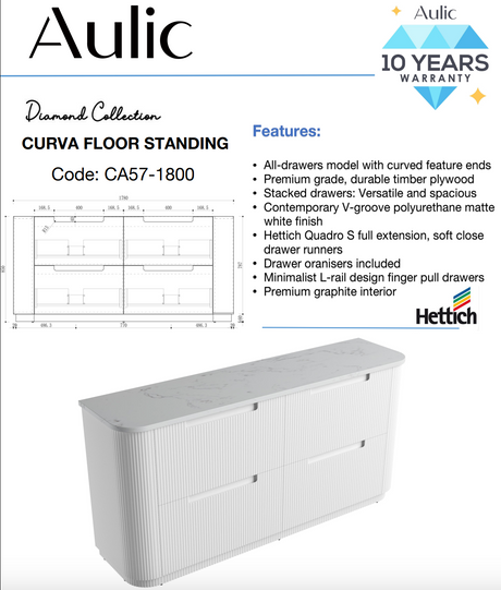 Aulic 1800mm Curva Floorstanding Vanity with Solid Surface Top Palis Top CA57-1800D-ST66FT Vanity Units