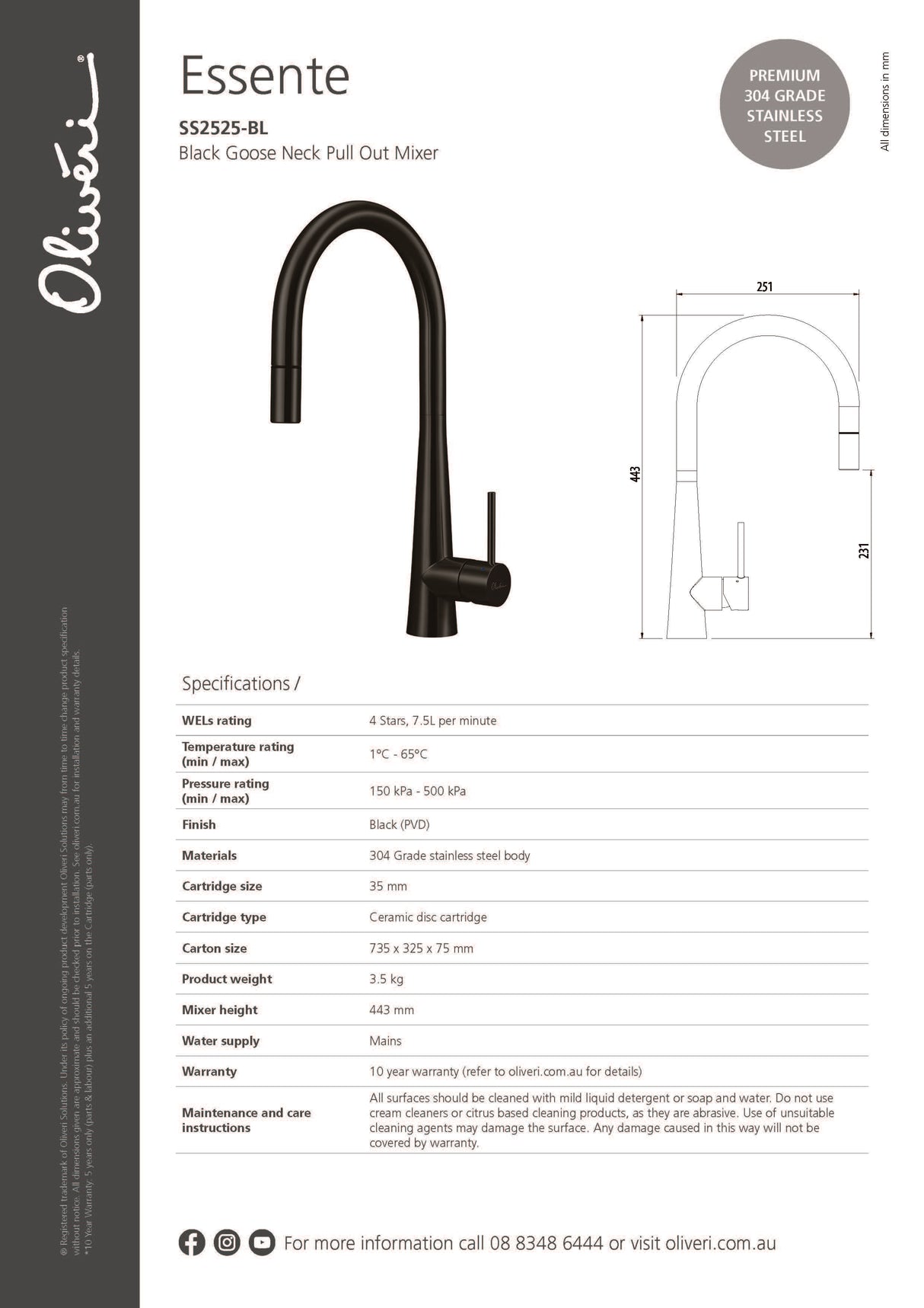 Oliveri SS2525-BL Pull Out Gooseneck Mixer Tap, Black