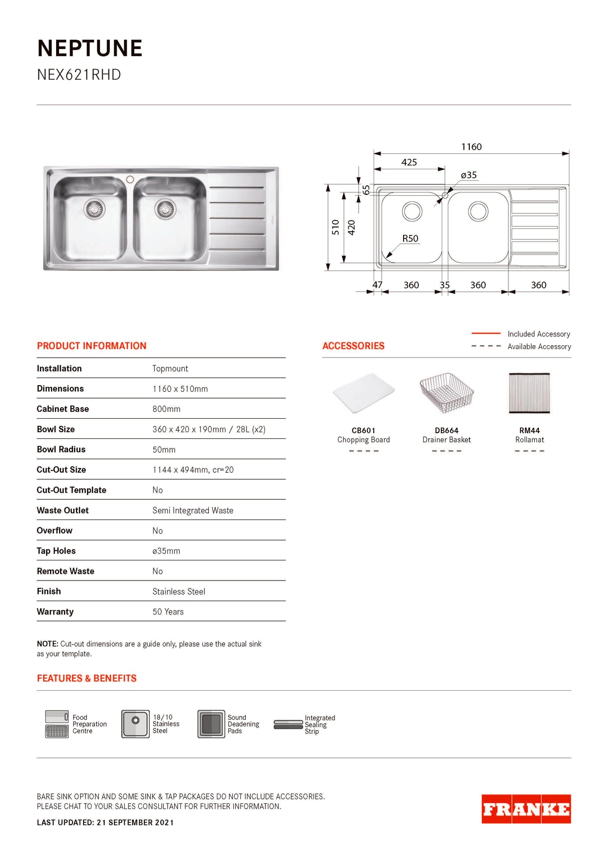 Franke NEX621RHD Neptune Double Bowl Sink with Right Hand Drainer, Stainless Steel