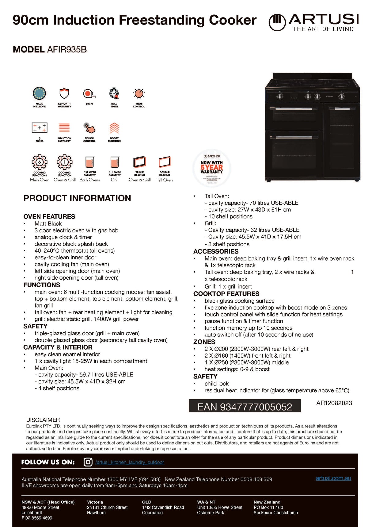 Artusi AFIR935B 90cm Induction Range Stove & 3 Door Electric Oven, Matte Black
