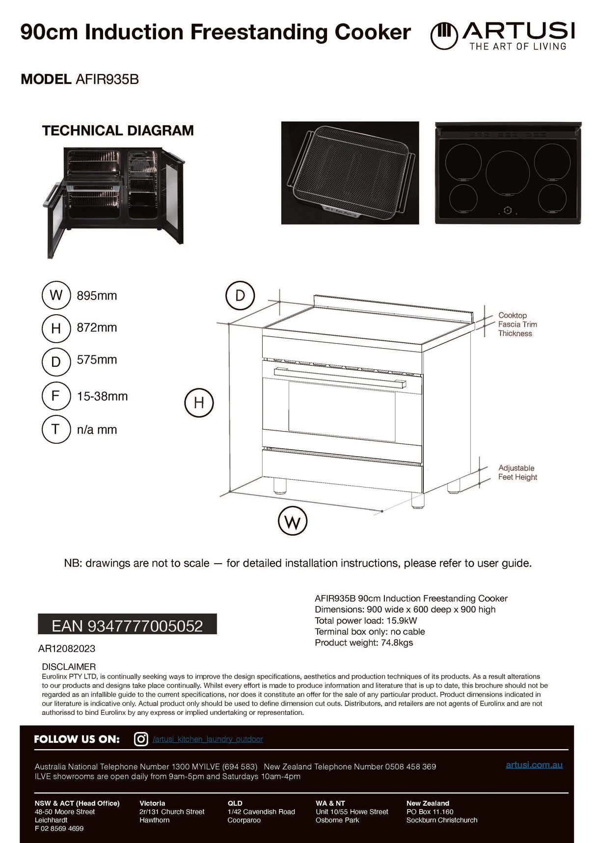 Artusi AFIR935B 90cm Induction Range Stove & 3 Door Electric Oven, Matte Black