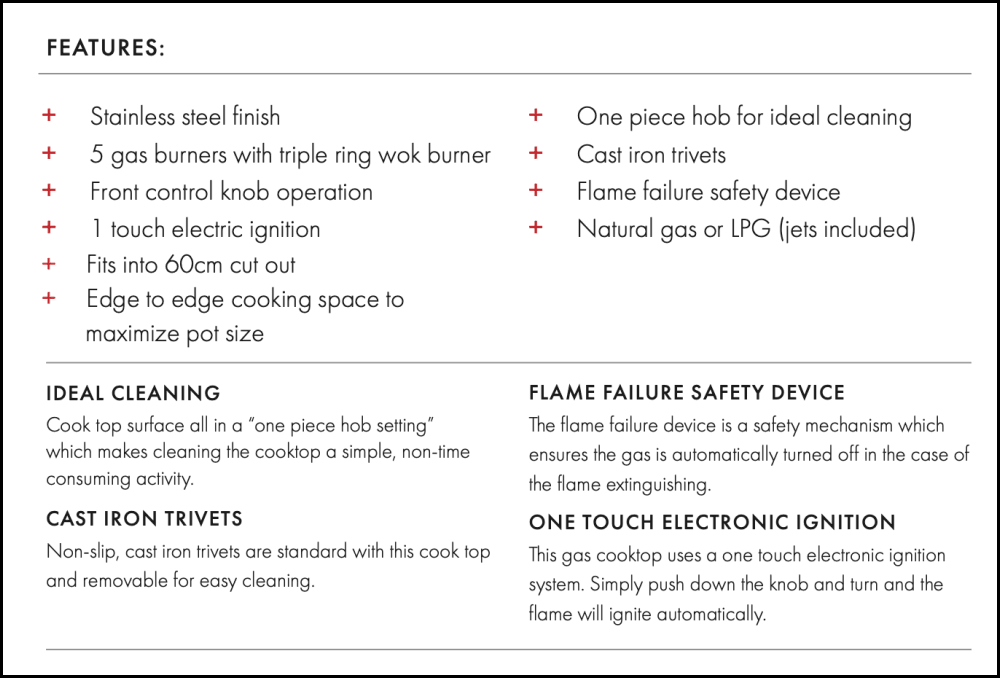 Euro Appliances Ect75G5X 75Cm Stainless Steel Gas Cooktop