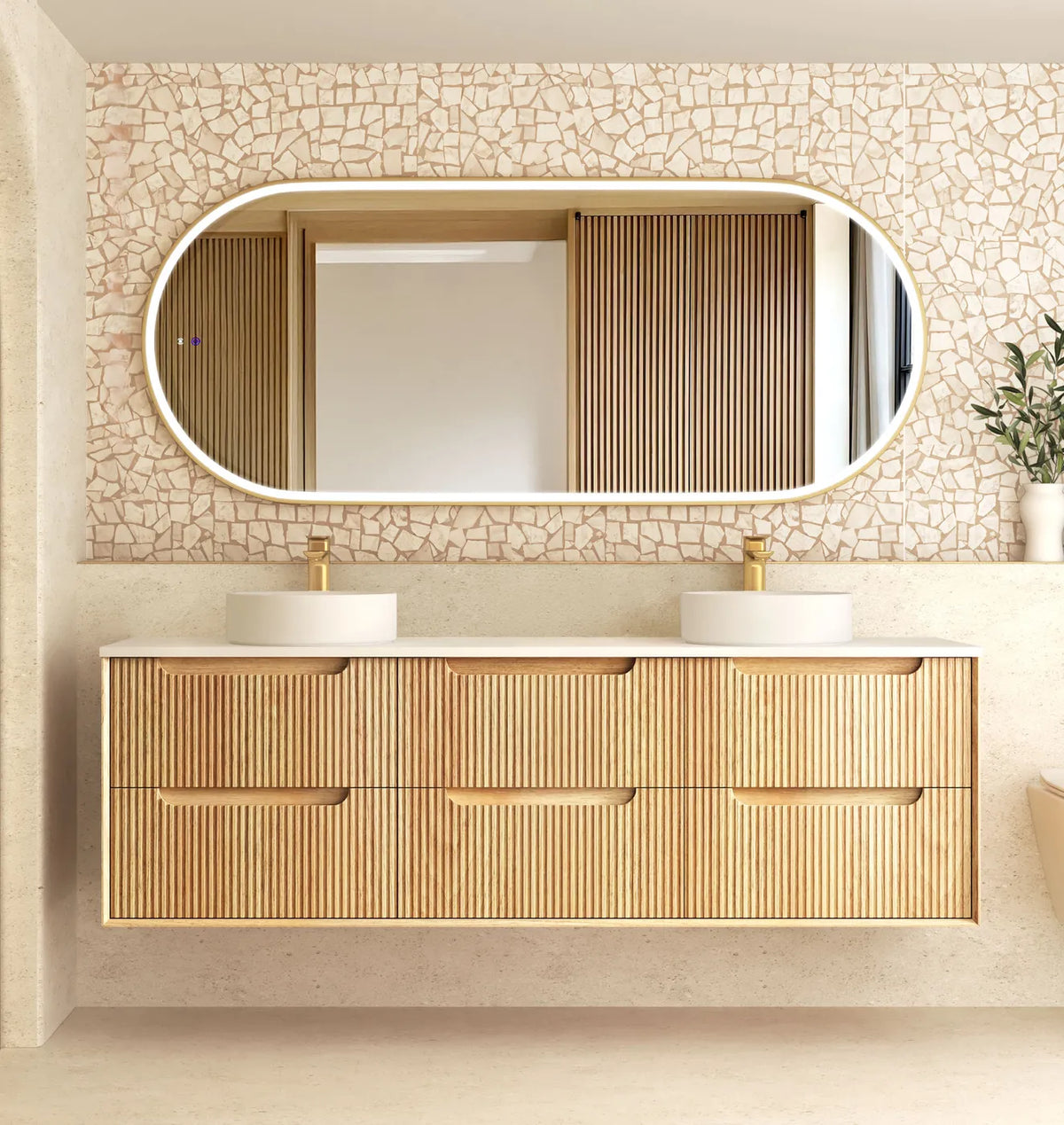 Otti Byron Wall Hung Vanity, Fluted Woodland Oak