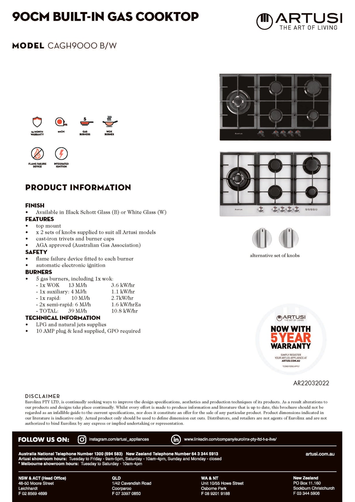 Artusi CAGH9000W 90cm Gas Cooktop, White Glass