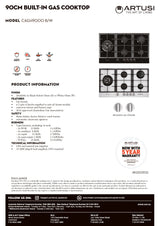 Artusi CAGH9000W 90cm Gas Cooktop, White Glass