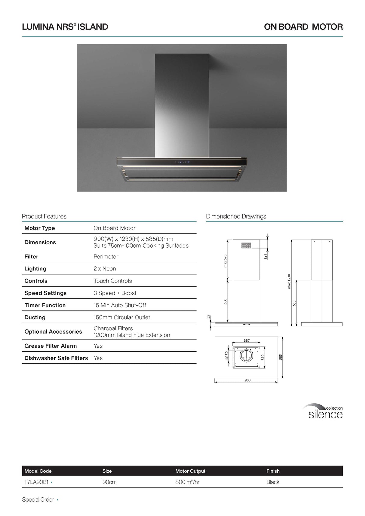 Falmec F7LA90B1 90cm Lumina NRS Island Rangehood, 800m3
