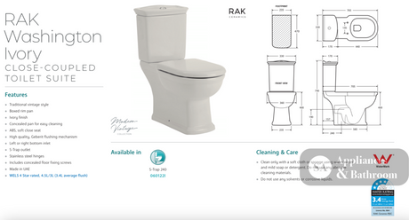 Fienza 060122I Washington Close Coupled RAK S-Trap 240mm Toilet Ivory - Toilet Suites