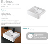 Fienza 1 Tap Hole RB8050B 1 Tap Hole Semi Recessed Basin White - Basins