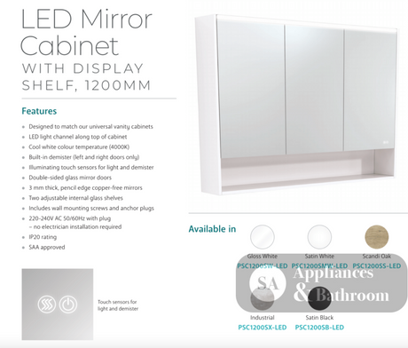 Fienza 1200mm PSC1200SB-LED Mirror LED Cabinet with Undershelf Satin Black - Mirrors & Cabinets