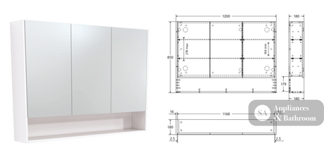 Fienza 1200mm PSC1200SB Mirror Cabinet with Undershelf Satin Black - Mirrors & Cabinets