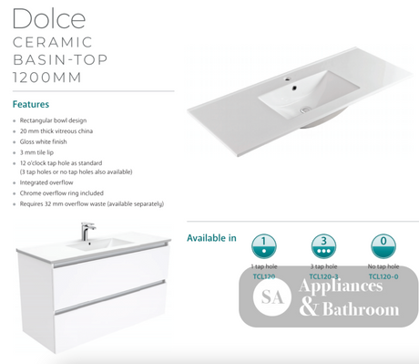 Fienza 1200Mm Tcl120Zk Dolce Fingerpull Vanity On Kickboard Matte White - Special Order Units