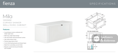 Fienza 120CM Mila Curved Satin White 1200 Wall Hung Cabinet - Vanity Units