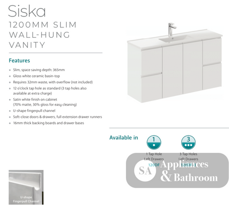 Fienza 120Df 1200Mm Siska Slim Wall Hung Vanity Unit Satin White - Special Order Units