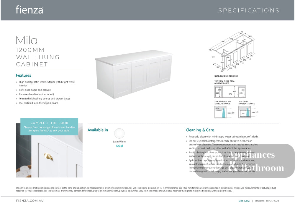 Fienza 120M Mila 1200mm Wall-Hung Cabinet Only - Cabinet Only