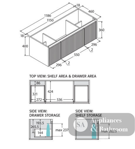 Fienza 120RS-C Alina Fluted Scandi Oak 1200 Wall-Hung Cabinet Cabinet Only No Top - Vanity Units