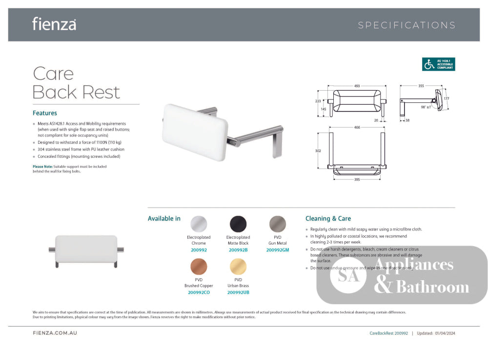 Fienza 200992BN Care Back Rest Brushed Nickel - Back Rest