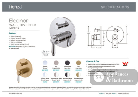 Fienza 202102CC Eleanor Wall Shower Mixer Chrome with Chrome handle - Wall Mixer Diverter