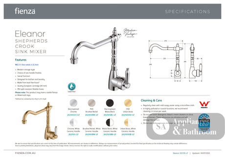 Fienza 202105UB-LF Urban Brass Eleanor Shepherds Crook Kitchen Sink Mixer Lead Free White Handle - Kitchen Mixer Taps