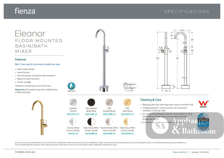 Fienza 202112-LF Eleanor Floor Mounted Basin/Bath Mixer White Handle Lead Free Chrome - Bath Fillers